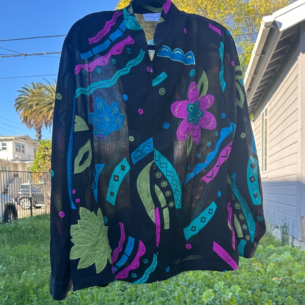 Classic 80s 90s Zip Alfred Dunner Sheer Black Jacket with Pink and Green Accents